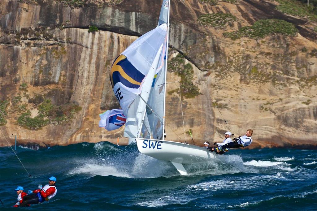 Richard Gladwell's image of the Swedish Mens 470 crew as they launch in the 20-25kts winds and 3-4 metre Atlantic Ocean swells heading for the finish of Race 3 of the Mens 470, 2016 Olympics. - photo © Richard Gladwell <a target=